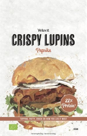 Packaging of Veluv.it CRISPY LUPINS Paprika with a drawing of a serving suggestion as a patty in a burger.